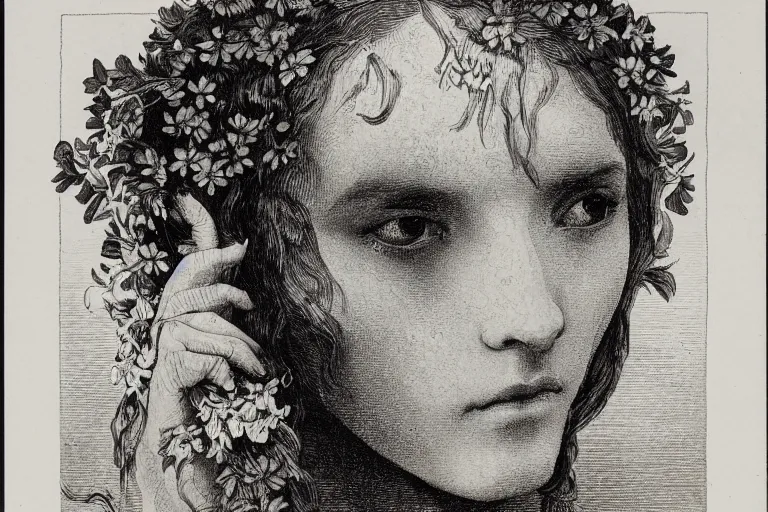 Image similar to black and white, close-up face of crying saint woman covered in flowers, Gustave Dore lithography