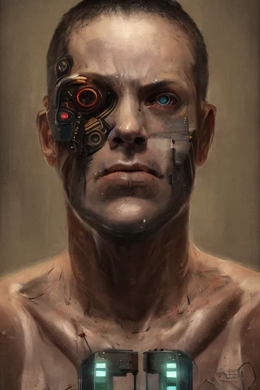 Image similar to illustration of an male cyberpunk character wearing bionic implants, criminal mugshot, mugshot, mugshot, gritty, gritty, highly detailed, oil on canvas, soft lighting, muted, pastel colors, by WLOP and Greg Staples, HD, 4K