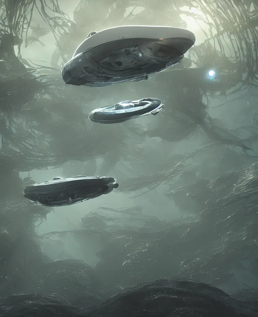 Prompt: white disc - shaped spacecraft submarine, fusion of subnautica and star trek, flying through a spectacular exotic underwater kelp forest canyon, schools of fish, in the style of john eaves ron walotsky ralph mcquarrie, soft natural volumetric lighting, realistic 4 k unreal engine 5 beautifully detailed render, 4 k post processing, trending on artstation