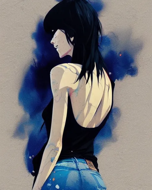 Image similar to a ultradetailed beautiful back painting of a stylish woman, she is wearing a black tank top and jeans, by conrad roset, greg rutkowski and makoto shinkai trending on artstation