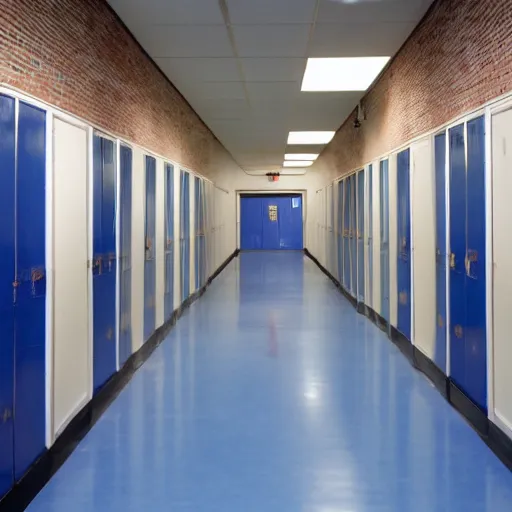 Image similar to the interior of an empty school hallway, small, cramped, blue lockers, large painted white brick walls, dim fluorescent lighting, circa 2 0 0 2