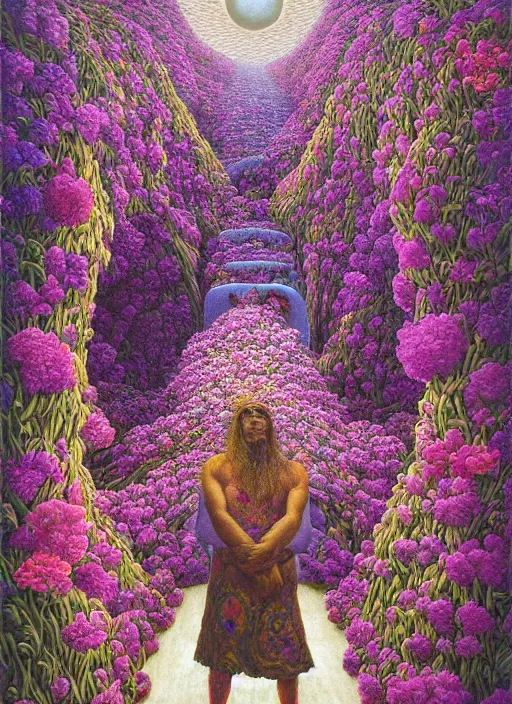 Prompt: a surreal painting of a radiant shaman covered in flowers, by rob gonsalves, symbolist, soft colors, dramatic lighting, smooth, sharp focus, extremely detailed, aesthetically pleasing composition