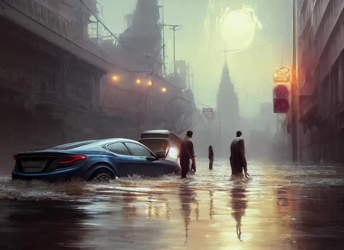 Prompt: cars driving through shallow water, flooded city, people walking through shallow water, muted colors, hyperrealistic, oil painting, intricate, cgsociety, artstation, 8 k, cinematic, soft lighting, by greg rutkowski, by wlop, by artgerm