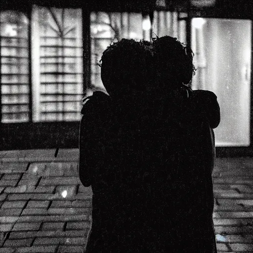 Image similar to an emotional picture of two shadowy figures hugging each other at night in an ally, it is raining heavily, 35mm, motion blur