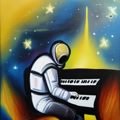 Image similar to oil painting astronaut playing keyboard