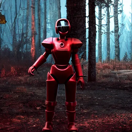 Image similar to A girl in a noir outfit stands next to a power armor from the company core-cola, red coloring, stands against the background of a radioactive forest, graphics, fallout 4 render, 3d computer render, maximum details, rain, night, spotlight,