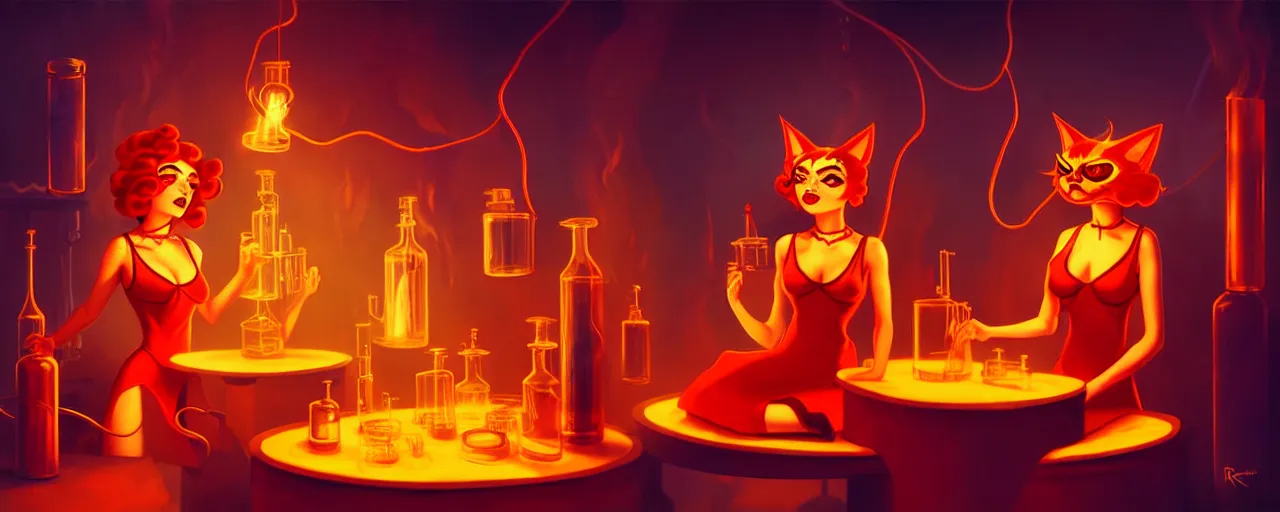 Image similar to uncanny alchemist catgirls in a fiery alchemical lab, dramatic lighting, surreal 1 9 3 0 s fleischer cartoon characters, surreal painting by ronny khalil