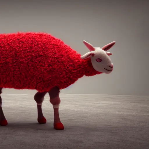 Prompt: lamb wearing a red sweater, walking on to legs, concept art, octane render, unreal engine 5, highly detailed, high quality, 8 k, soft lighting, realistic face, path traced