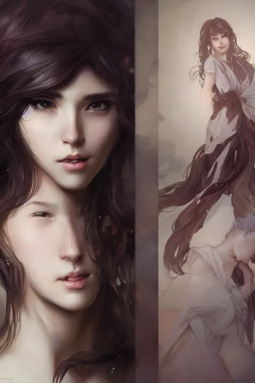 Prompt: full body emotional beauty portrait in the style of artgerm, wlop, greg rutkowski, alphonse mucha and ayami kojima, realistic details, volumetric lighting, very very very very beautiful face, seductive look, trending on artstation, artstationhd, artstationhq, unreal engine, 4 k, 8 k