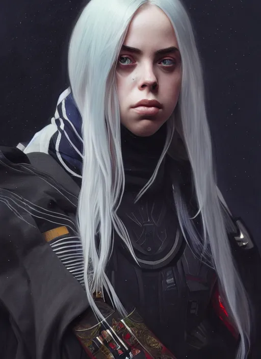 Image similar to billie eilish as destiny 2 character, portrait, intricate, elegant, highly detailed, digital painting, artstation, concept art, wallpaper, smooth, sharp focus, illustration, art by artgerm and greg rutkowski and alphonse mucha