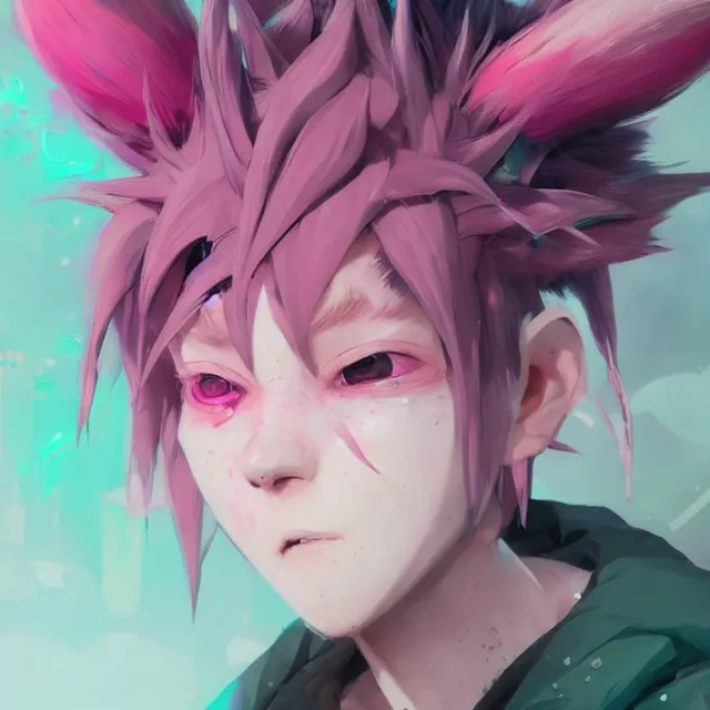 Image similar to a beautiful headshot portrait of a cute anime male boy with pink hair and pink wolf ears and green eyes wearing cyberpunk clothes. character design by cory loftis, fenghua zhong, ryohei hase, ismail inceoglu and ruan jia. artstation, volumetric light, detailed, photorealistic, fantasy, rendered in octane