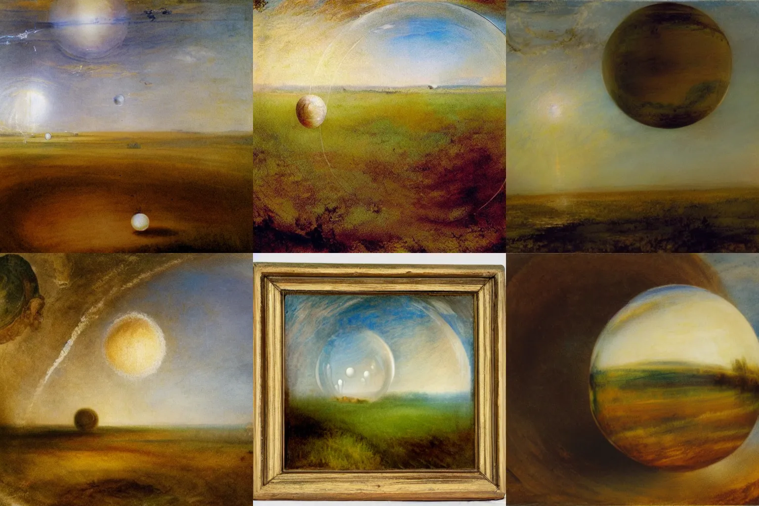 Prompt: glass sphere orbs hanging over landscape of fields painting by turner