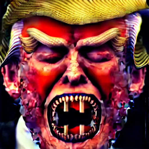 Image similar to donald trump dracula, fangs, character portrait, close up, concept art, intricate details, hyper realistic, in the style of otto dix and h. r giger