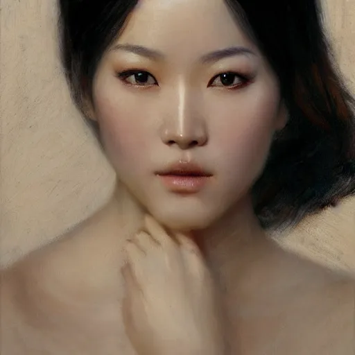 Image similar to detailed realistic cinematic wide shot of beautiful attractive hollow cheeks asian woman wearing black suit robe slim face symettrical face clean skin black eyes black robe smooth, sharp focus, ultra realistic, spring light, painting by gaston bussiere, craig mullins, j. c. leyendecker