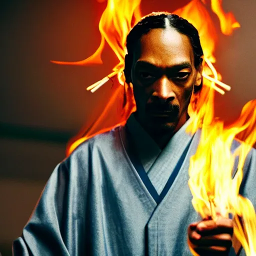 Image similar to cinematic film still of Snoop Dogg starring as a Samurai holding fire, Japanese CGI, VFX, 2022, 40mm lens, shallow depth of field, film photography