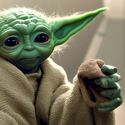 Image similar to a film still of baby yoda's kid training in star wars realistic, detailed