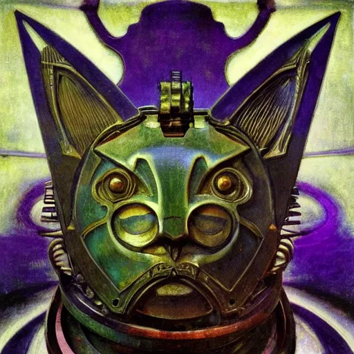 Image similar to beautiful sculpture of an ornate mechanical robot cat, by annie swynnerton and diego rivera and nicholas roerich and jean delville, symbolist, dramatic lighting, god rays, elaborate geometric ornament, art brut, colors are soft greens and blues and purple, smooth, sharp focus, extremely detailed, adolf wolfli and ( donato giancola )