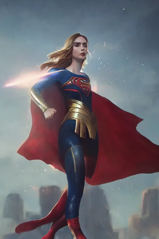 Prompt: a fancy close up of Lily Collins as Supergirl full body armor by Greg Rutkowski, Sung Choi, Mitchell Mohrhauser, Maciej Kuciara, Johnson Ting, Maxim Verehin, Peter Konig, 8k photorealistic, cinematic lighting, HD, high details, dramatic, trending on artstation, full body shot