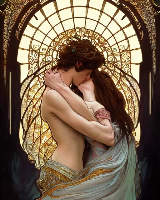 Image similar to the kiss | highly detailed | very intricate | art nouveau | gold filigree | romantic storybook fantasy | soft cinematic lighting | award - winning | professional portraiture | disney concept art watercolor illustration by mandy jurgens and alphonse mucha and alena aenami | pastel color palette | featured on artstation