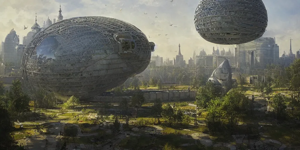 Image similar to a solarpunk city and park with a glorious spherical sci-fi building at its centre, bright and sunny day, Greg Rutkowski and Ivan Shishkin