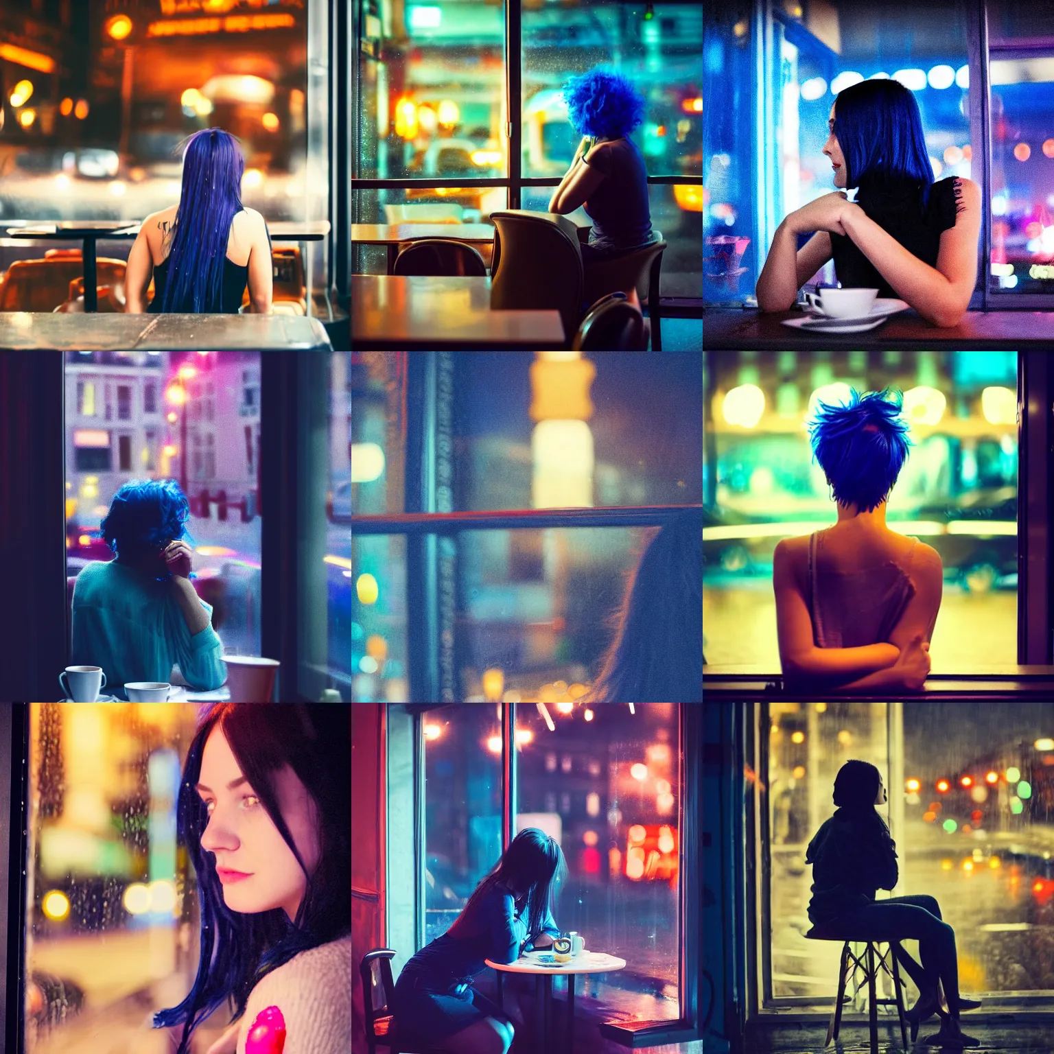 Image similar to beautiful over the shoulder photograph of a woman with dark-blue hair sitting in a cafe next to a window on a rainy night, outside are neon lights from a busy city, award winninh photo, artstation, atmospheric, high detail