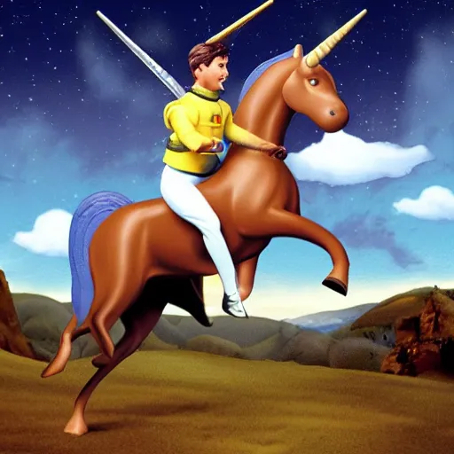 Image similar to wesley crusher riding a unicorn into battle