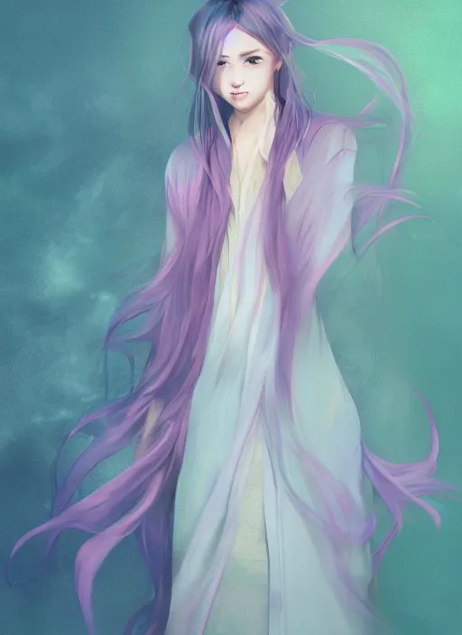 Image similar to sophisticated flowing robes, pastel texture, matte painting hyperpop portrait trending on pixiv