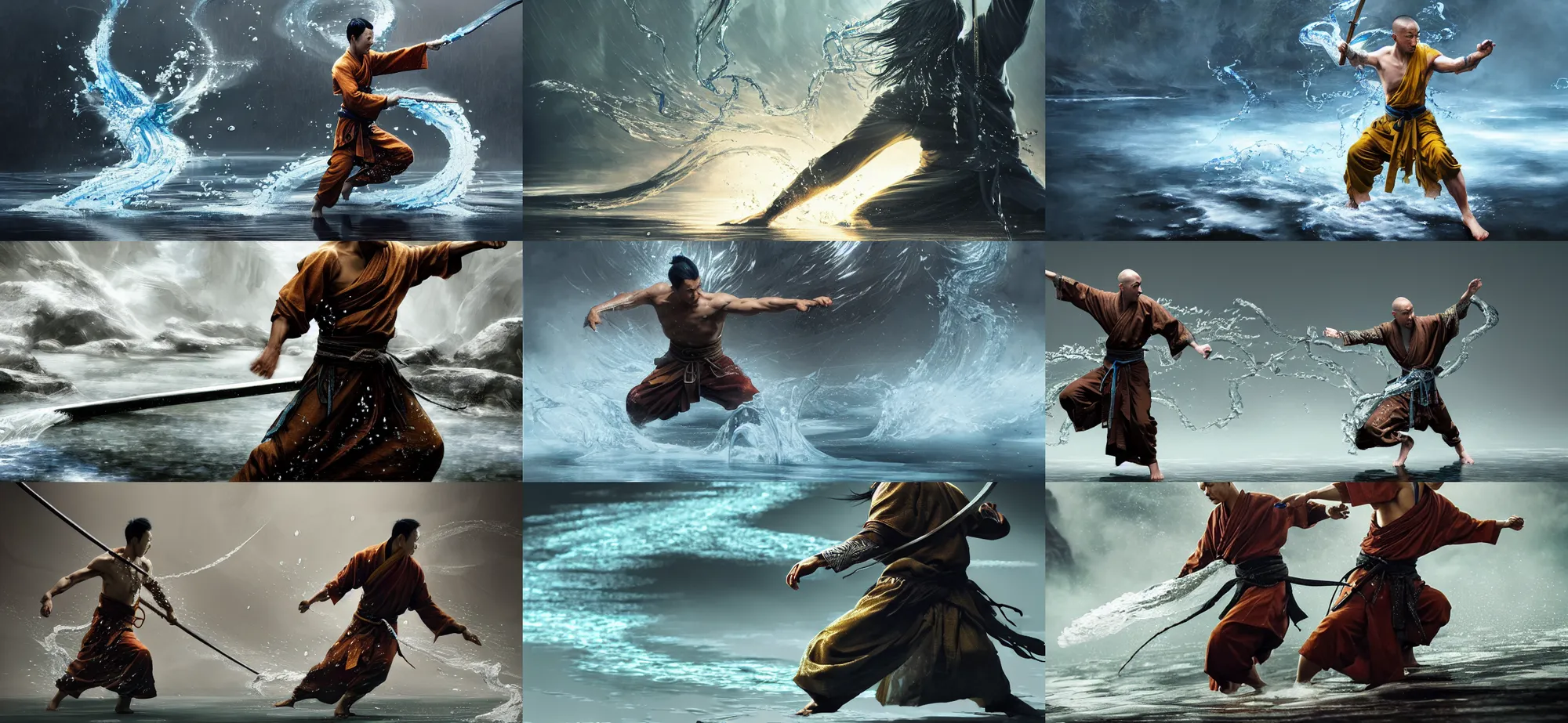 Prompt: Epic action scene, Concept art of a waterbender monk, streams of glistening water follow his movement patterns, surrounded by water, full body wuxia, shaolin martial arts by Akihito Yoshitomi AND Yoji Shinkawa AND Greg Rutkowski, Mark Arian trending on artstation, 4k