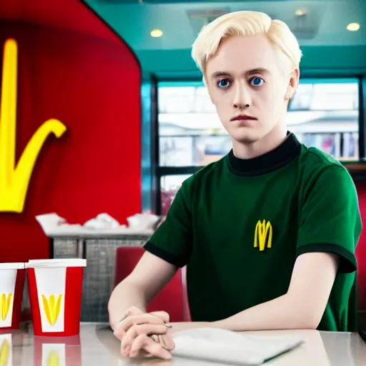 Image similar to Draco Malfoy sitting at a booth in McDonalds, McDonalds interior background, photo