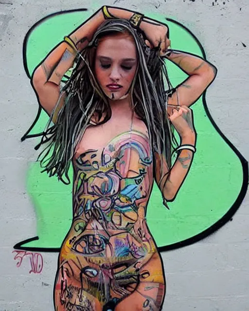 Prompt: free style graffiti on a cool girl body that says left