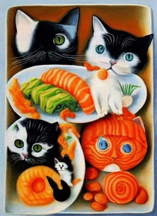 Image similar to clear surrealist painting of adorable cats made out of sushi