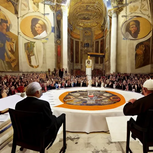 Image similar to the pope in a spiritism session, round table