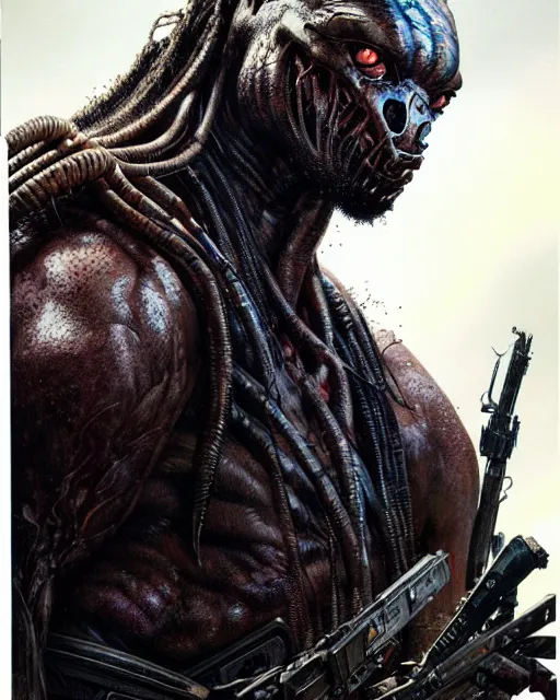 Image similar to a portrait of the predator fantasy character portrait, ultra realistic, cinematic, concept art, wide angle, intricate details, hologram, highly detailed by greg rutkowski, wayne barlowe, simon bisley, arthur rackham