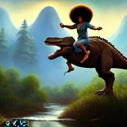 Image similar to bob ross!!! riding!!! a dinosaur!!, giant afro!, model pose, ultra realistic, concept art, intricate details, highly detailed, photorealistic, octane render, 8 k, unreal engine octane render art by artgerm and greg rutkowski and alphonse mucha