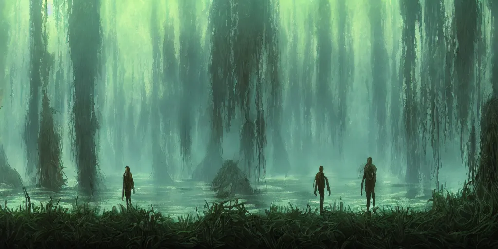 Prompt: reed - people in futuristic spiritual mystical post apocalyptic swampy forest drawn by ron gilbert, dim painterly volumetric aquatic lighting, scenic, beautiful, crisp, artstation, highly detailed