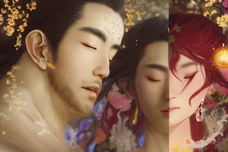 Image similar to a dreamlike portrait of wedding photograph close up moment of a divine a taiwan sun god and moon goddess lovers magician at a wedding banquet. portraiture. digital painting. artstation. concept art. fantasy wedding photo. digital painting, 8 k realistic, hyper detailed, by makoto shinkai and akihiko yoshida and hidari and wlop