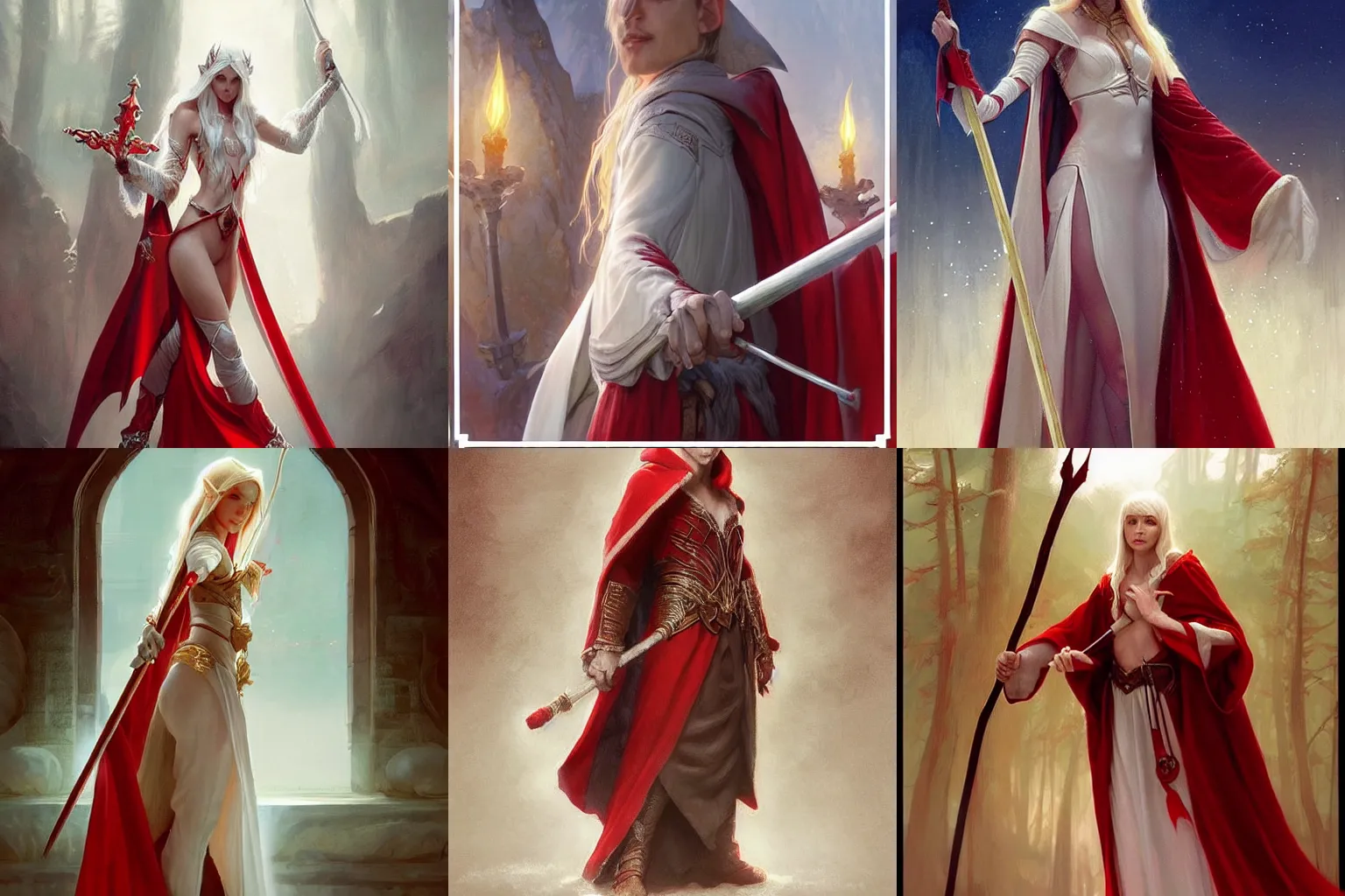 Prompt: “a white elf wearing a red robe and holding a staff, D&D, fantasy, intricate, cinematic lighting, highly detailed, digital painting, artstation, concept art, smooth, sharp focus, illustration, art by Artgerm and Greg Rutkowski and Alphonse Mucha”