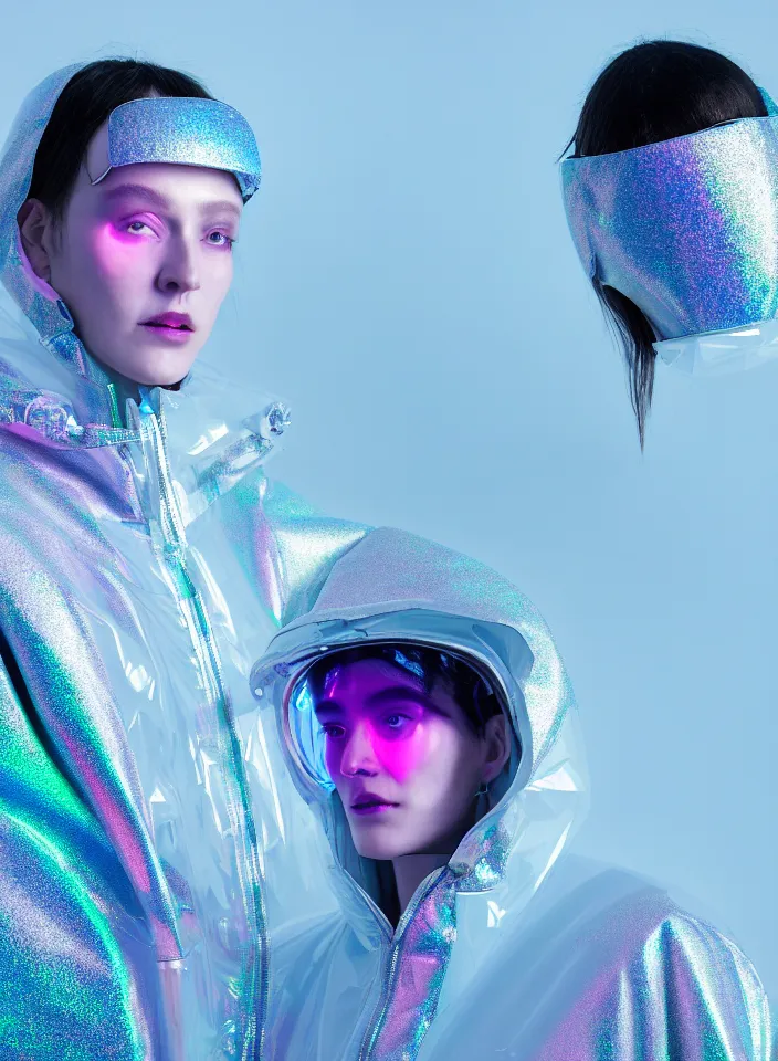 Image similar to an ultra high definition professional studio quality photograph of an artificially intelligent cyberpunk art influencer wearing a transparent iridescent pastel coloured face visor and matching bubbly puffy raincoat on white coat hook in a sheer icelandic black rock environment. three point light. dramatic lighting. volumetric shadows. light rays