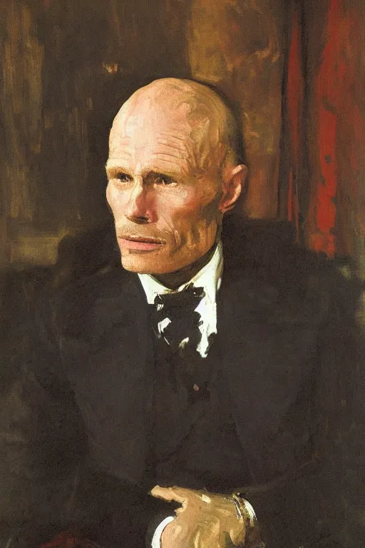 Prompt: portrait of ed harris as a gentleman wearing a a red edwardian suit by walter sickert, john singer sargent, and william open