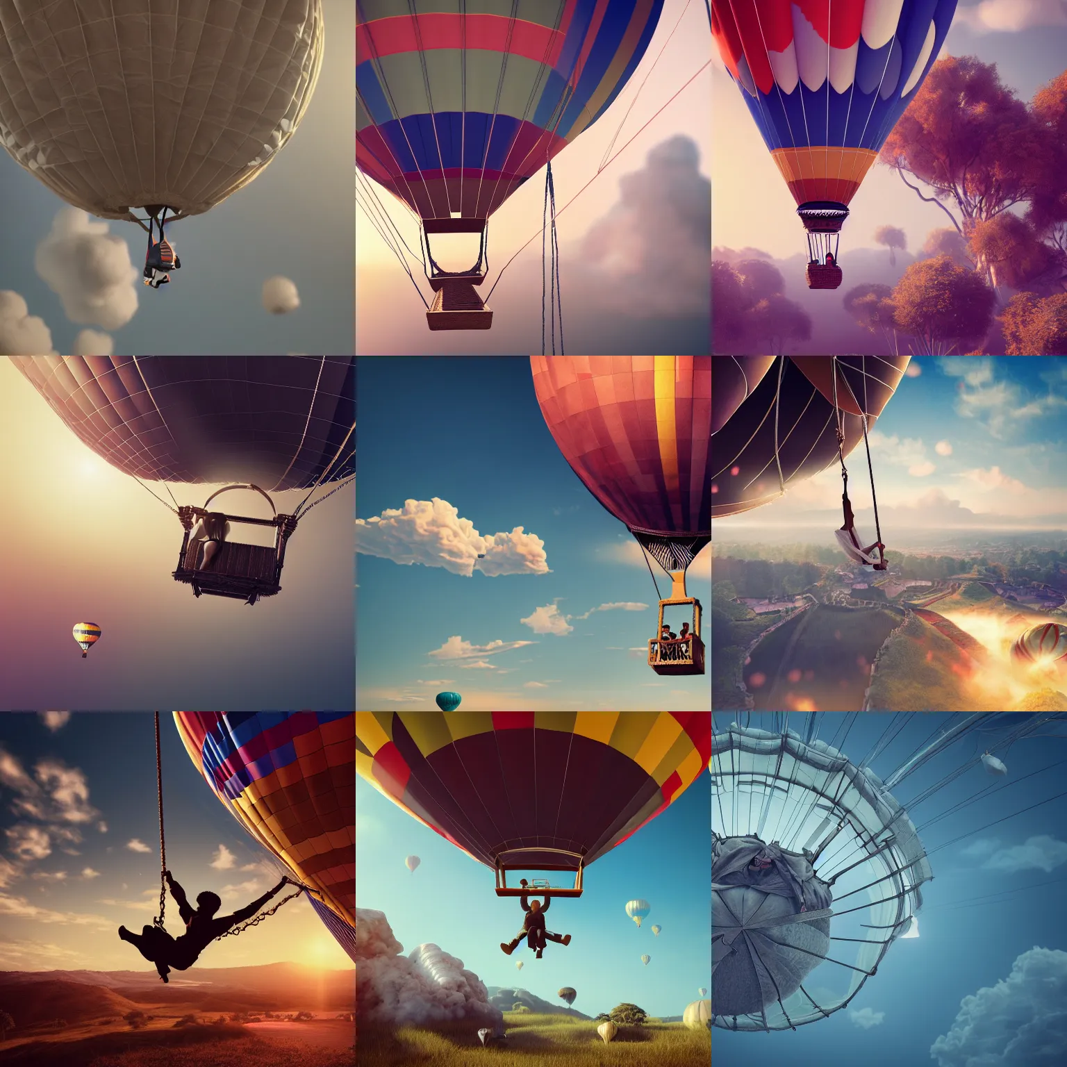 Prompt: a swing swinging from a hot air balloon, intricate detail, volumetric lighting, epic composition, hyper detailed, ultra realistic, sharp focus, octane render, ray tracing, sense of awe