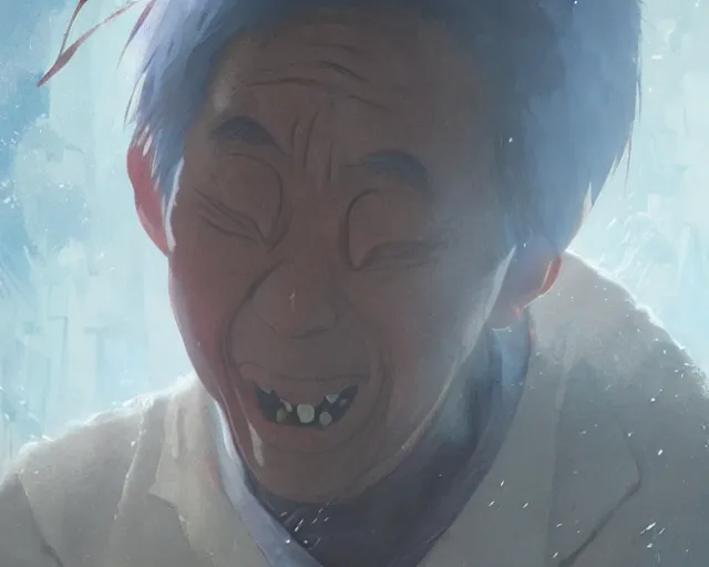 Image similar to a 50 year old brunnete happy chinese man with puffy cheeks bursting in tears on the floor, close up shot, anime art, Greg Rutkowski, studio ghibli, dramatic lighting