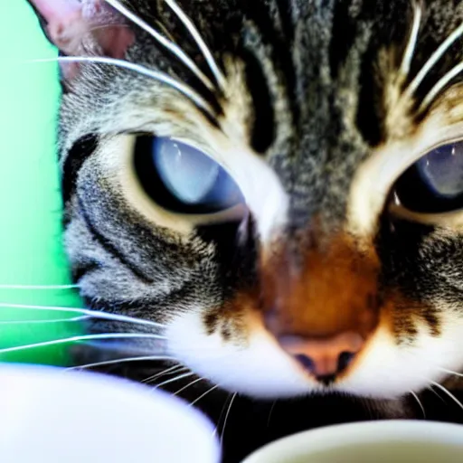 Image similar to cat first person perspective. camera mounted on a cat drinking milk. what a cat sees