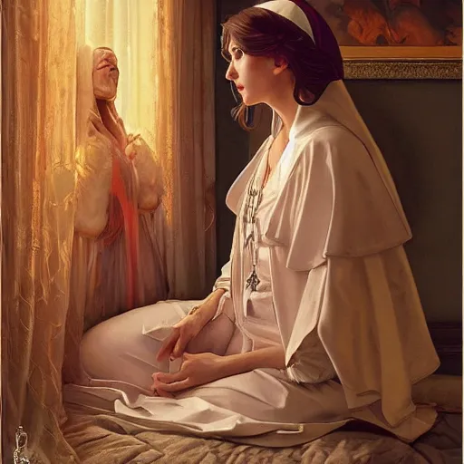 Image similar to photography of a pope making touching a sensual woman in a bedroom, deep focus, intricate, elegant, highly detailed, digital painting, artstation, concept art, matte, sharp focus, illustration, art by artgerm and greg rutkowski and alphonse mucha