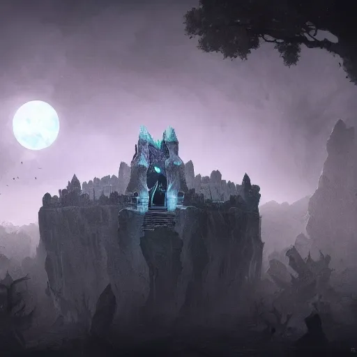 Prompt: aerial view of a stone fort sitting above a cursed swamp in the moonlight, by alan lee by peter mohrbacher, trending on artstation sharp focus vfx key shot