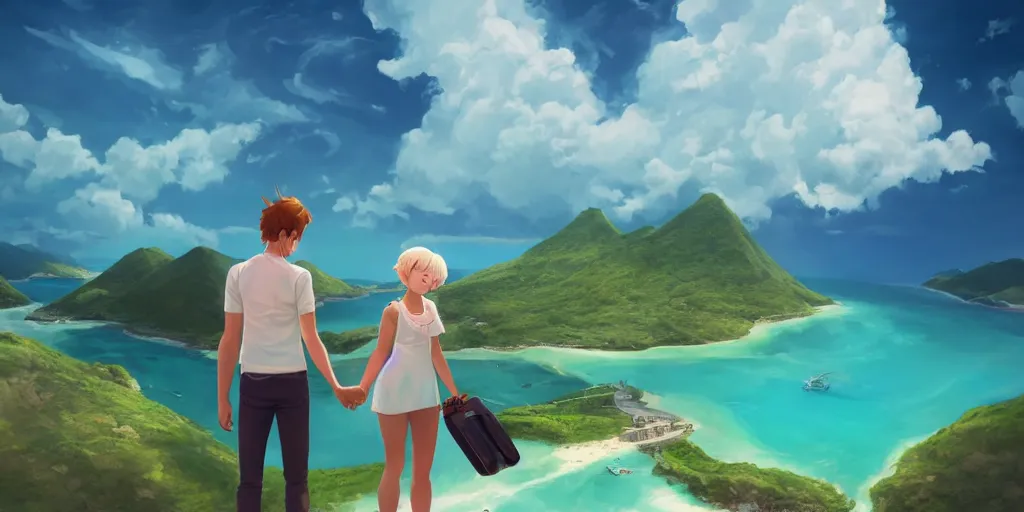 Image similar to a beautiful couple holding their hands on a cloud above emerald lagoon of Sint-Marteen with a marshall speaker with visible music coming from, CLOUD9 is written under the illustration, mattepainting concept Blizzard pixar maya engine on stylized background global illumination lighting artstation  lois van baarle, ilya kuvshinov, rossdraws