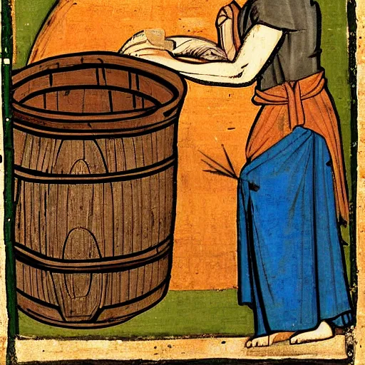 Image similar to medieval painting of a monk drinking wine next to a barrel, in the style of da Vinci