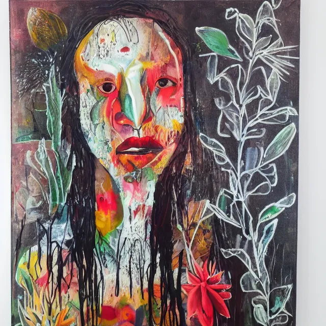 Image similar to “ a portrait in a female art student ’ s apartment, australian wildflowers, sensual, queer woman, flax, flannel flower, bottlebrush, eucalyptus, charred, new leaves, art supplies, a candle dripping white wax, aboriginal art, berry juice drips, acrylic and spray paint and oilstick on canvas, surrealism, neoexpressionism ”