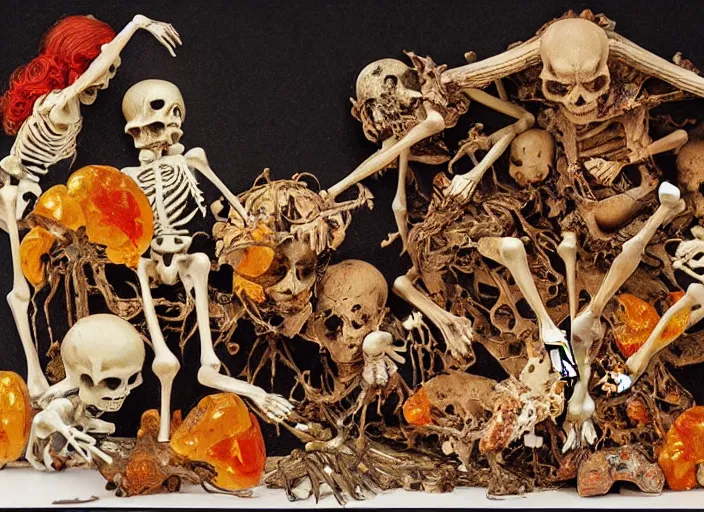 Prompt: skeleton fairy and tooth fairy and bone fairy collect the skulls together painting carved in amber by chiara bautista and norman rockwell and greg rutkowski weta studio