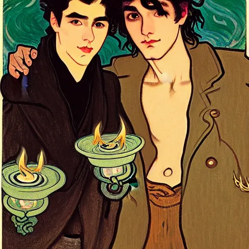 Image similar to painting of young cute handsome beautiful dark medium wavy hair man in his 2 0 s named shadow taehyung and cute handsome beautiful min - jun together at the halloween party, bubbling cauldron, candles, smoke, tarot, autumn colors, elegant, stylized, soft facial features, delicate facial features, art by alphonse mucha, vincent van gogh, egon schiele