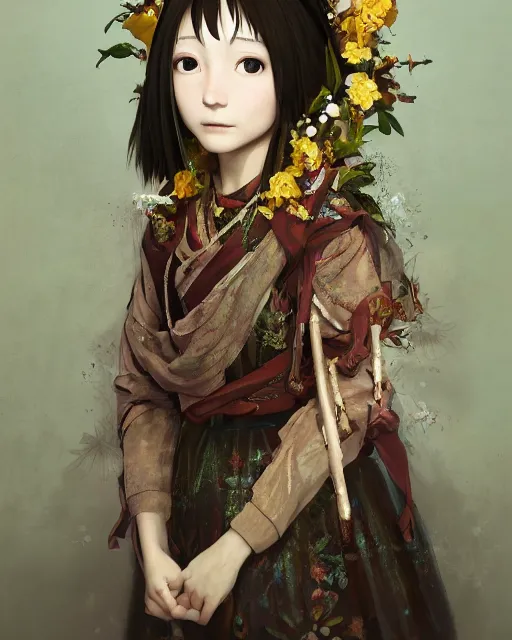 Image similar to studio photo portrait of Lain Iwakura from Serial Experiments Lain wearing floral garlands over her traditional dress. full height portrait of Lain as a slavic pagan priestess wearing traditional pagan dress adorned with golden tiara, concept art by Greg Rutkowski and James Dean and Ross Tran, ultrarealistic octane render, 8k, rtx on, trending on ArtStation